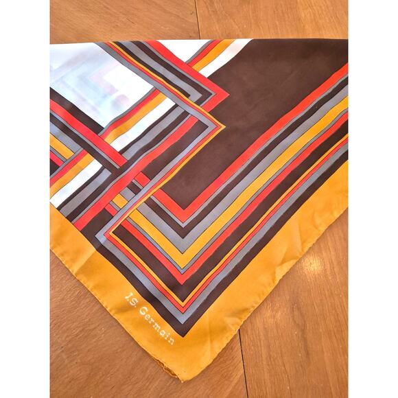 Vintage JS Germain Scarf Hand Rolled Hem 1970's Geometric Print Square Brown - Picture 8 of 8